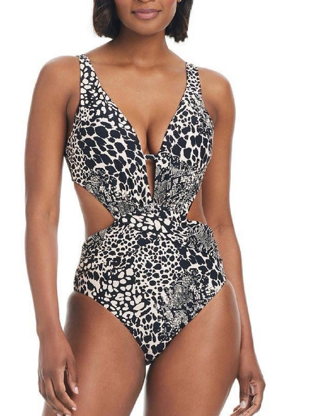 Bar III Black & White Animal-Print Cutout One-Piece Swimsuit